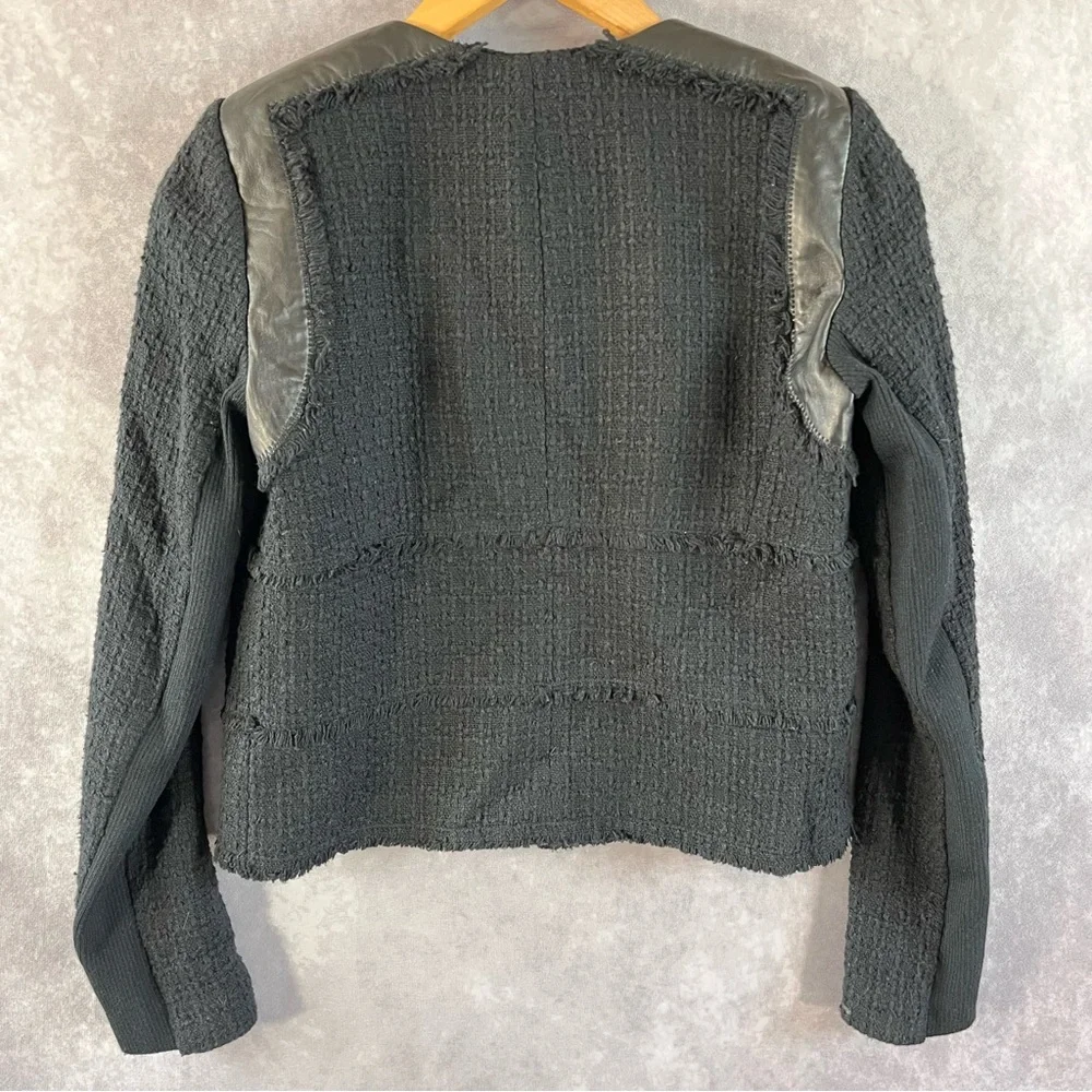 Rebecca Taylor Boucle Jacket Womens 2 Black Leather Trim Fringe Zip Tweed Blazer